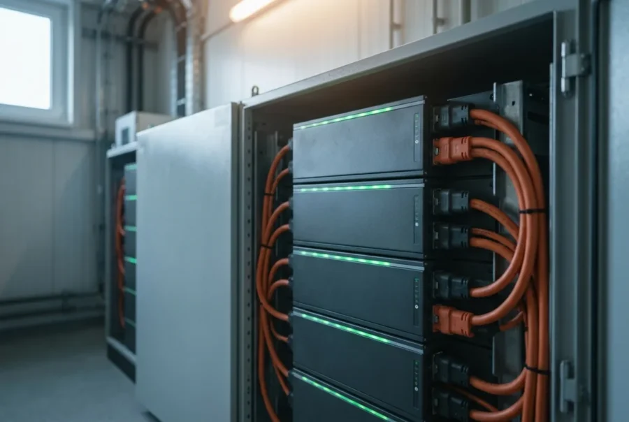 Gestapelte Batteriemodule mit Statusanzeigen in einem Speicherschrank