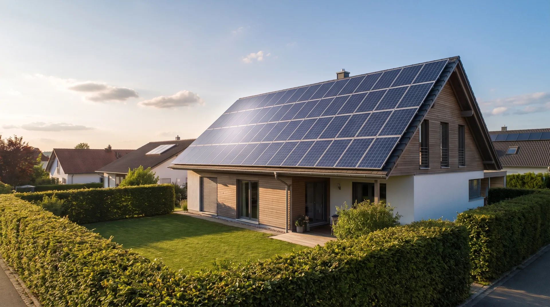 Einfamilienhaus mit vollflächig belegter Photovoltaikanlage auf dem Satteldach