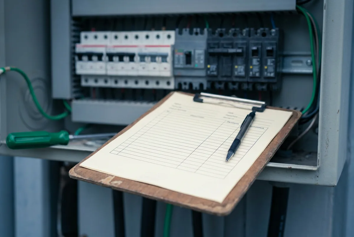Klemmbrett mit Prüfprotokoll vor einem geöffneten Sicherungsverteiler