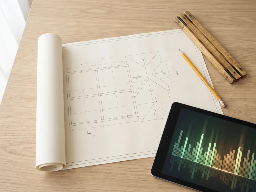 Technischer Dachplan mit eingezeichneter Modulbelegung, Zollstock und Tablet