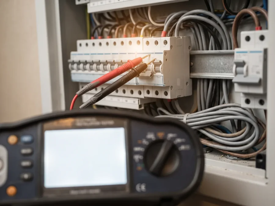 Installationstester mit Messleitungen an einem geöffneten Sicherungsverteiler