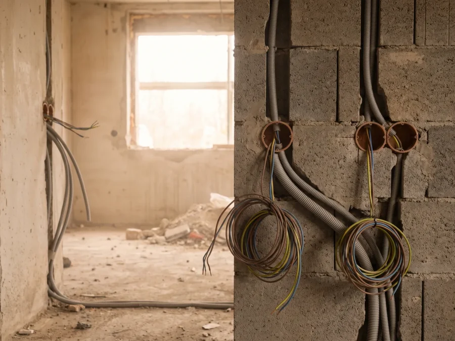 Leerrohre und Schalterdosen der Elektroinstallation in einer Rohbauwand
