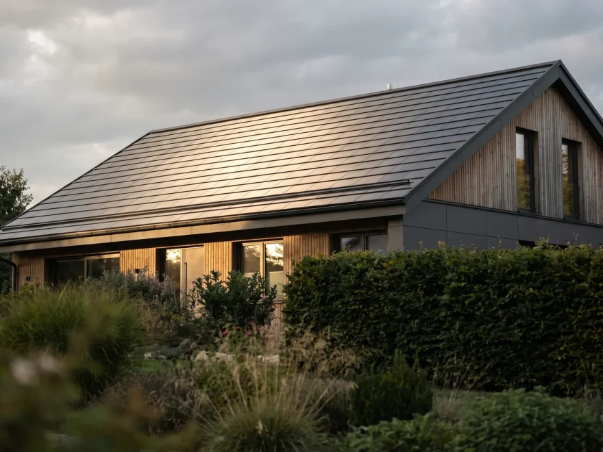 Wohnhaus mit Photovoltaikanlage auf dem Dach in der Abendsonne
