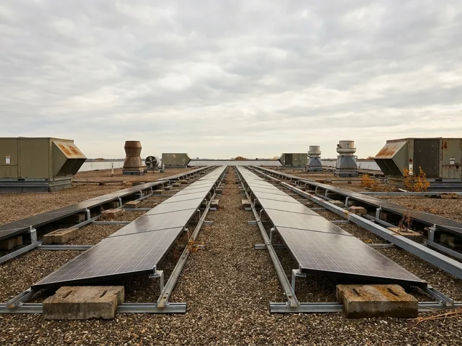 Aufgeständerte Solarmodulreihen auf dem Flachdach eines Gewerbegebäudes
