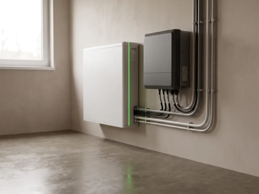 Wandmontierter Batteriespeicher neben einem Wechselrichter in einem Technikraum